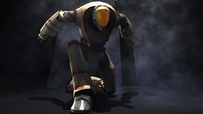 animated futuristic character in epic kneeling position