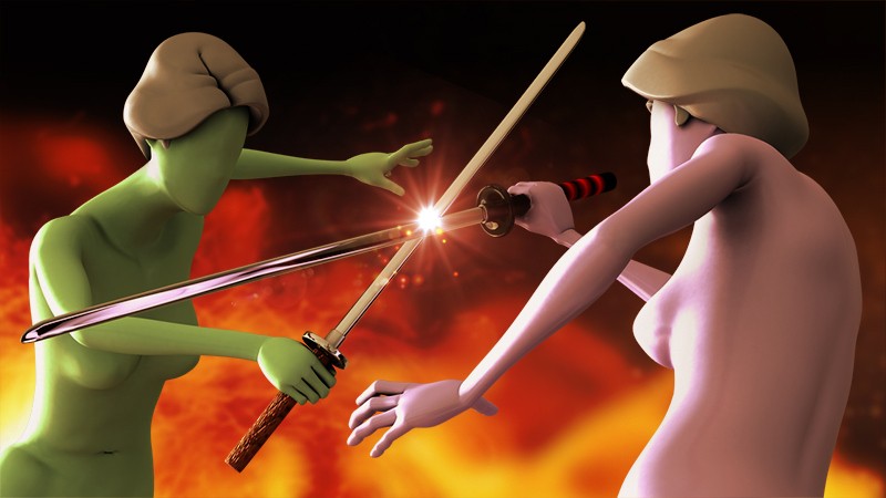 Game animation example of two characters fighting with swords